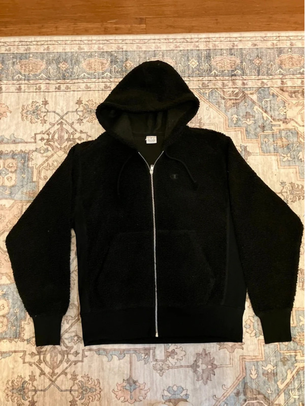 Champion Sherpa Full Zip Hoodie M Black Fleece Teddy Hooded Jacket Tonal Logo